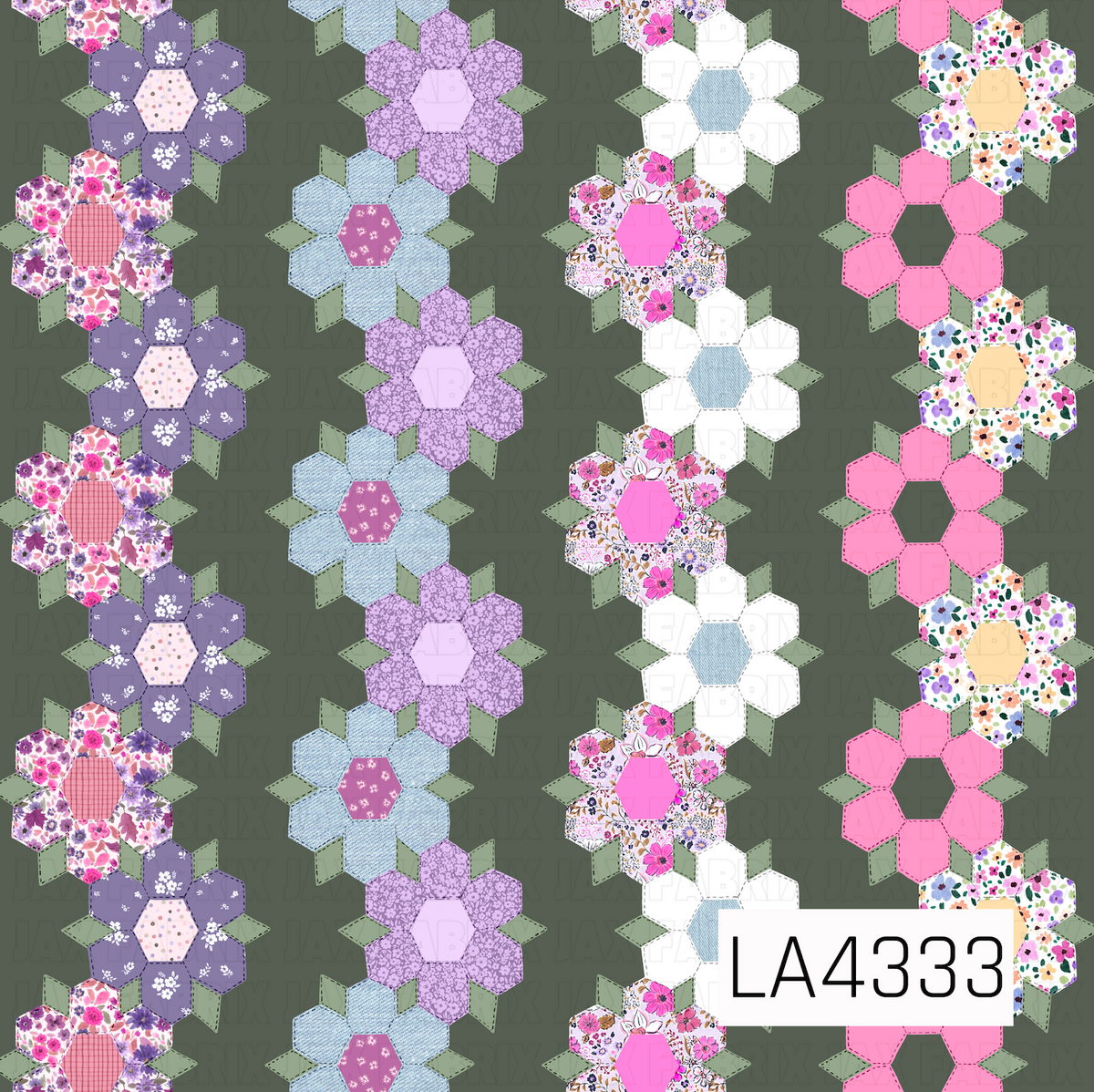 A charming patchwork-inspired floral pattern featuring vertical rows of hexagon-shaped flowers against a deep, muted olive green background. Each flower combines playful prints and textures, including delicate florals, tiny polka dots, gingham, denim, and solid shades of pink, lavender, purple, and white. Sage green diamond-shaped leaves and detailed stitched outlines give the design a handmade, quilted appearance with a cozy, vintage-inspired feel.