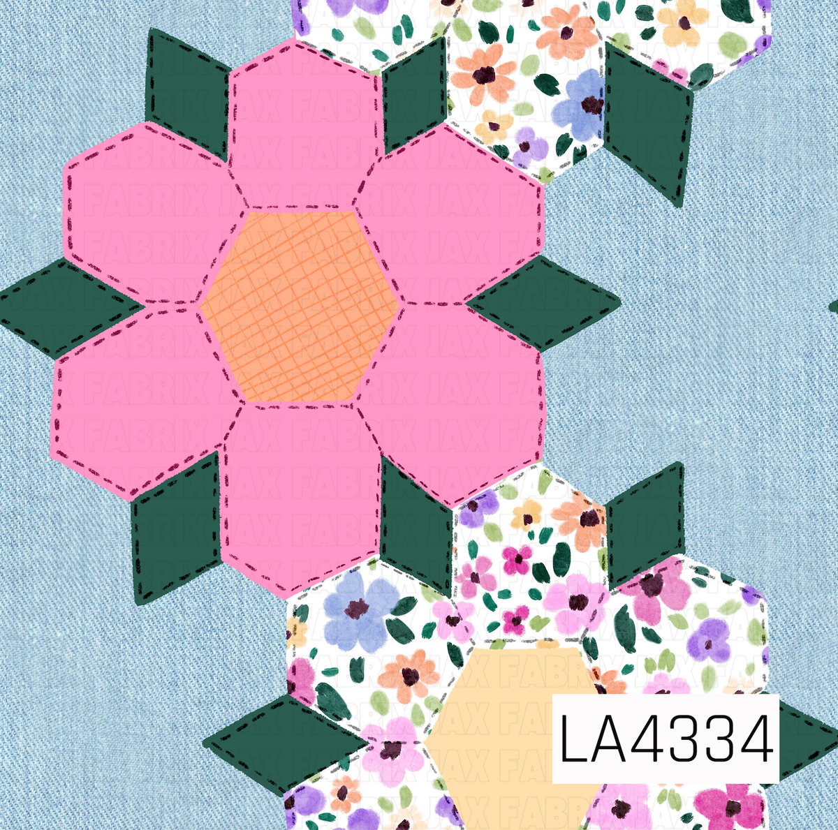 A charming patchwork-inspired floral design featuring oversized hexagon flowers against a light blue denim-textured background. Bright pink petals surround a peach gingham center, while coordinating flowers feature colorful watercolor florals in shades of pink, purple, blue, peach, and yellow. Deep forest green diamond-shaped leaves and hand-drawn dashed stitching add a cozy, quilted look with a playful, handmade feel.