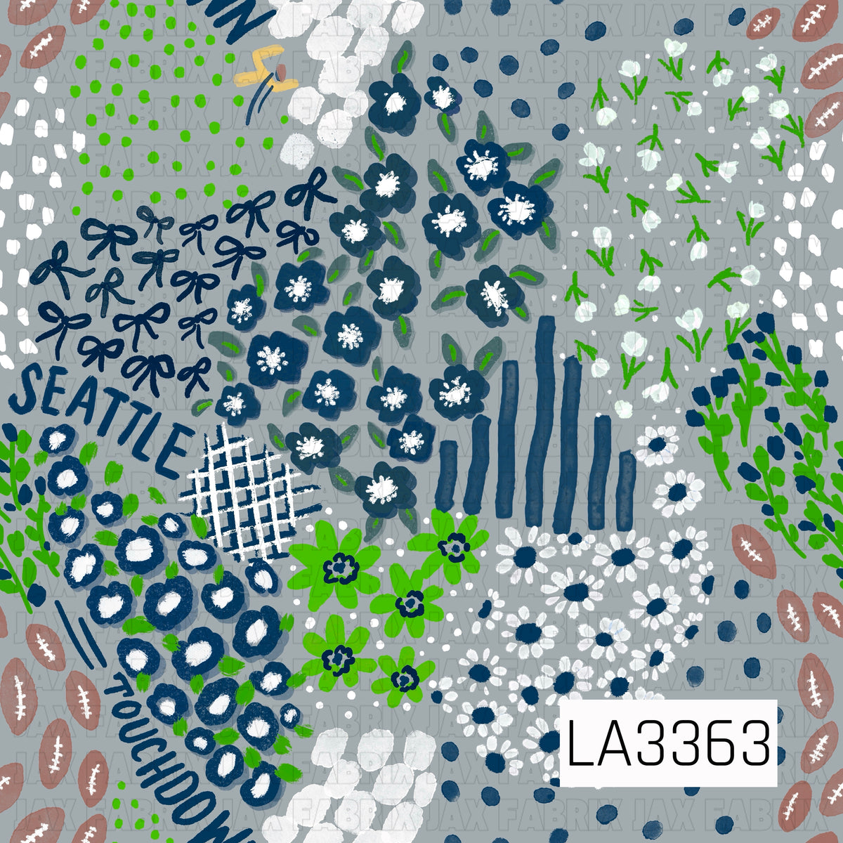 A playful Seattle-inspired print featuring bold navy, bright green, and crisp white florals on a soft gray background. Hand-drawn bows, footballs, abstract brushstrokes, scattered dots, and “Seattle” and “Touchdown” lettering give it a fun, artsy game-day feel.
