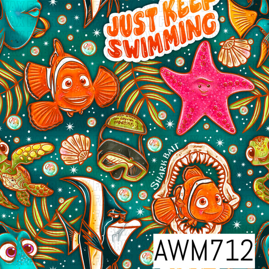 Ocean Adventure Seamless Pattern featuring adorable clownfish, a smiling starfish, sea turtle, shark fins, tropical fish, seashells, bubbles, ocean plants, and playful underwater accents with fun ocean-themed phrases. This vibrant nautical design is perfect for fabric, bows, apparel, tumblers, beach bags, and whimsical sea-life craft projects.