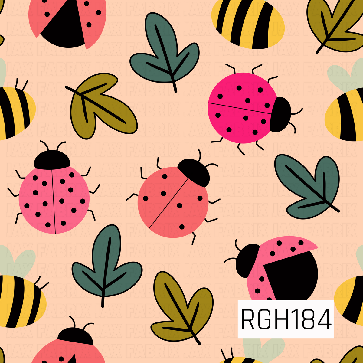 A playful bug-themed pattern featuring bright pink and coral ladybugs with black spots, cheerful yellow and black striped bumblebees, and scattered leafy accents in olive green, sage, and deep teal. The insects and simple hand-drawn leaves are arranged across a soft peach background, creating a colorful, whimsical design with a fun retro feel.
