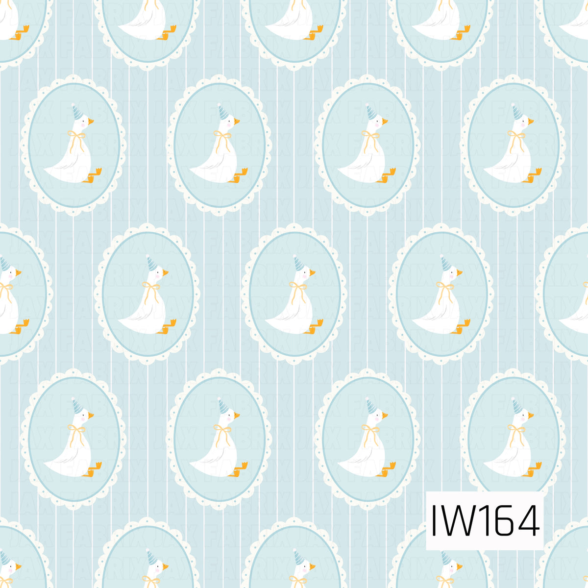 A sweet and whimsical seamless pattern featuring adorable white birthday geese wearing blue striped party hats and delicate yellow bows, each nestled inside a soft blue oval frame with a dainty scalloped lace border. The oval cameos are arranged in a repeating pattern over a pale powder blue background with thin vertical white pinstripes, creating a charming vintage-inspired look perfect for birthday celebrations and little ones.