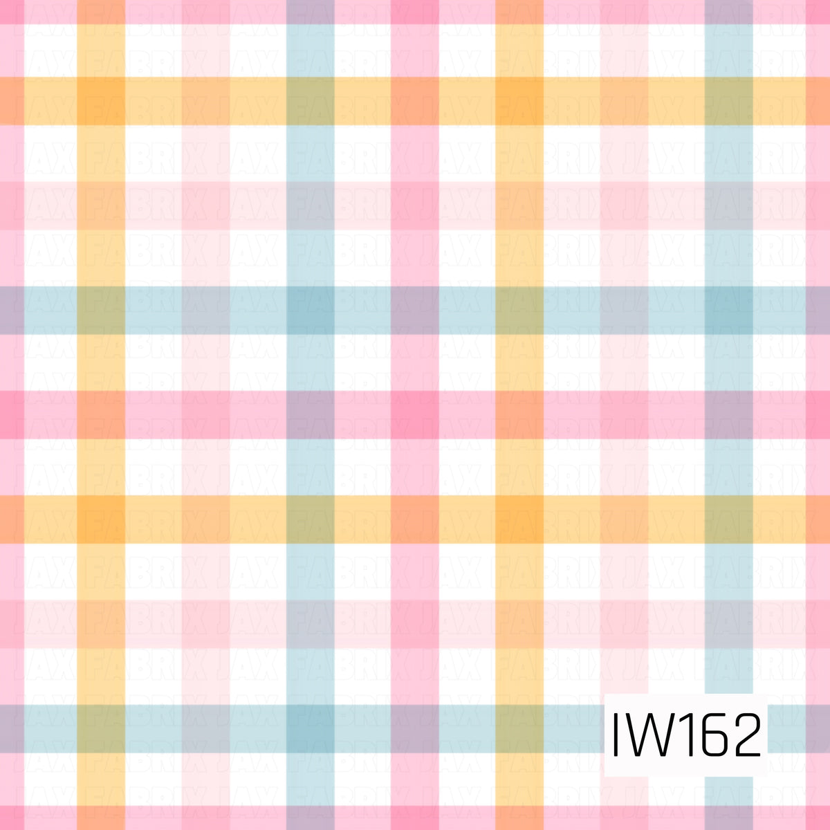 A soft and cheerful pastel plaid pattern featuring overlapping horizontal and vertical stripes in shades of blush pink, peach, buttery yellow, and light blue. The semi-transparent stripes create a beautiful layered effect with subtle blended colors where they intersect, forming a classic gingham-inspired design against a crisp white background. Perfect for spring projects, birthday celebrations, and coordinating with playful pastel prints.