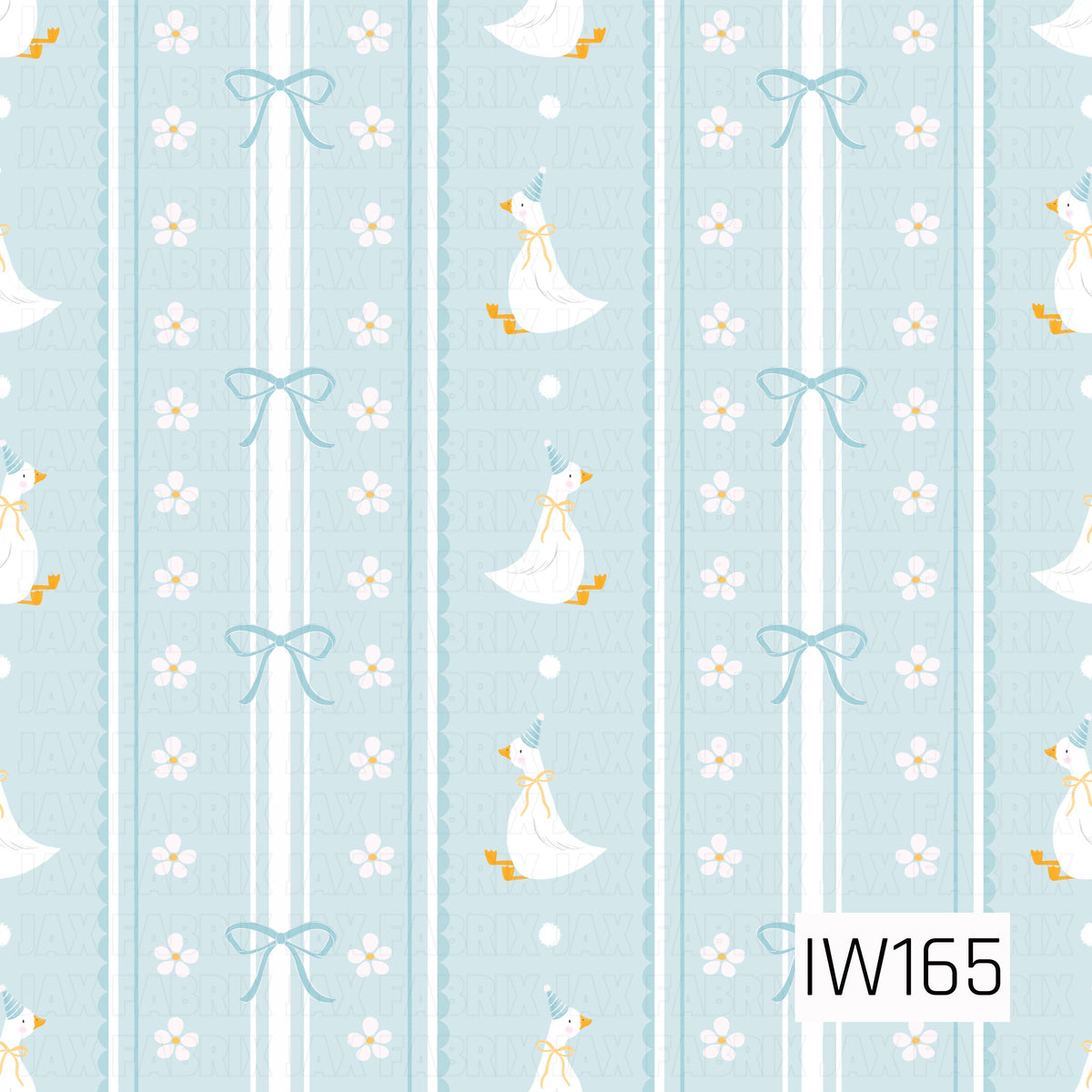 A sweet and whimsical seamless pattern featuring adorable white birthday geese wearing blue striped party hats and delicate yellow bows. The geese are arranged between vertical powder blue stripes decorated with tiny white flowers, dainty blue ribbon bows, and scalloped lace-inspired borders. Soft blue and white tones with subtle floral details create a charming vintage-inspired design perfect for birthday celebrations and little ones.