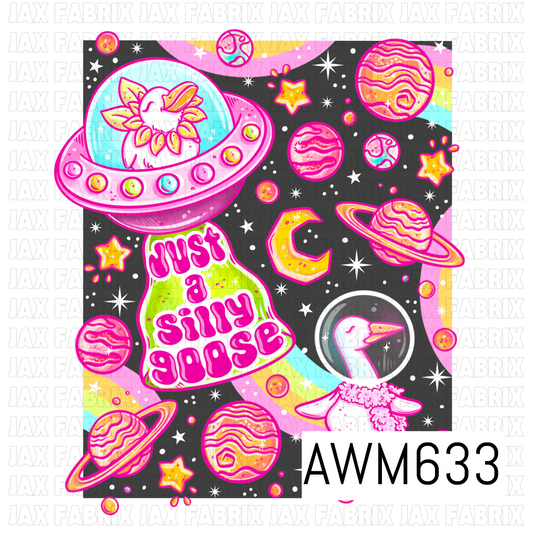 A vibrant PNG design featuring a silly goose in a colorful UFO alongside another goose dressed as an astronaut. Bright pink and orange planets, golden moons, stars and rainbow trails surround the playful “Just a Silly Goose” phrase on a dark space-inspired background.