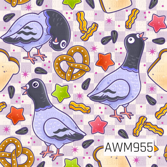 A playful design featuring whimsical pigeons surrounded by pretzels, bacon strips, sunflower seeds, colorful stars, and scattered snack-inspired accents. The soft pastel color palette and quirky food-themed elements create a fun and lighthearted aesthetic. Perfect for bird lovers, pigeon enthusiasts, novelty gifts, stationery, stickers, and whimsical everyday creations.*
