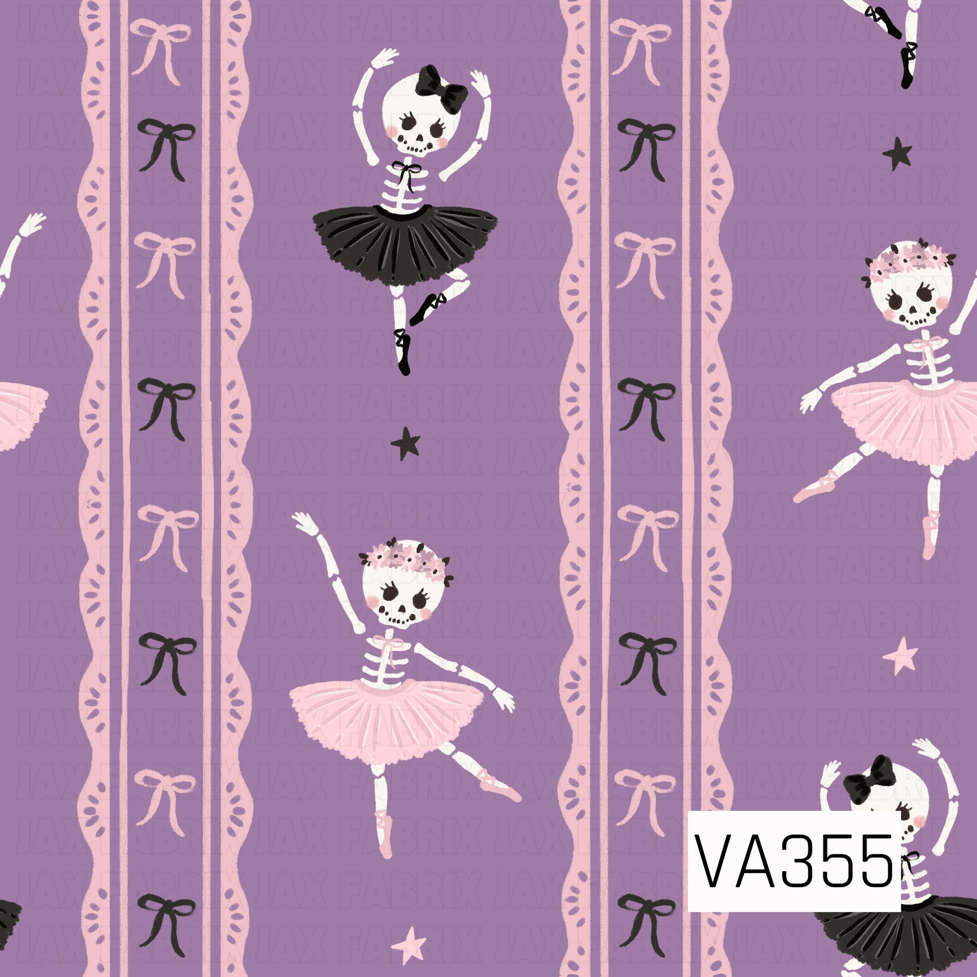 A whimsical Halloween ballerina print featuring dancing skeletons in pink and black tutus on a soft purple background. Vertical scalloped stripes are decorated with dainty bows, while scattered stars add a playful finishing touch. Cute, spooky, and perfectly girly!
