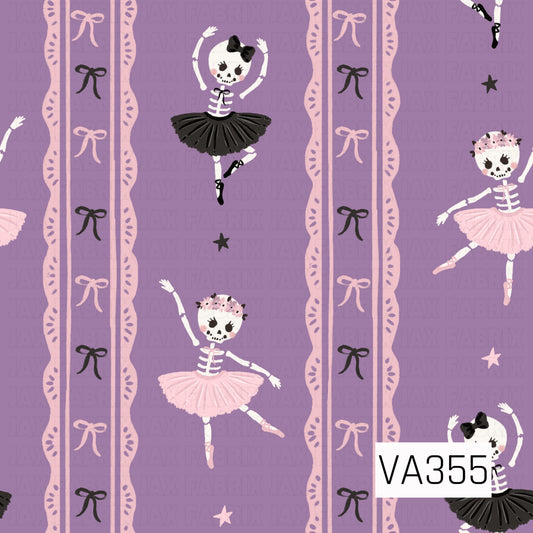 A whimsical Halloween ballerina print featuring dancing skeletons in pink and black tutus on a soft purple background. Vertical scalloped stripes are decorated with dainty bows, while scattered stars add a playful finishing touch. Cute, spooky, and perfectly girly!
