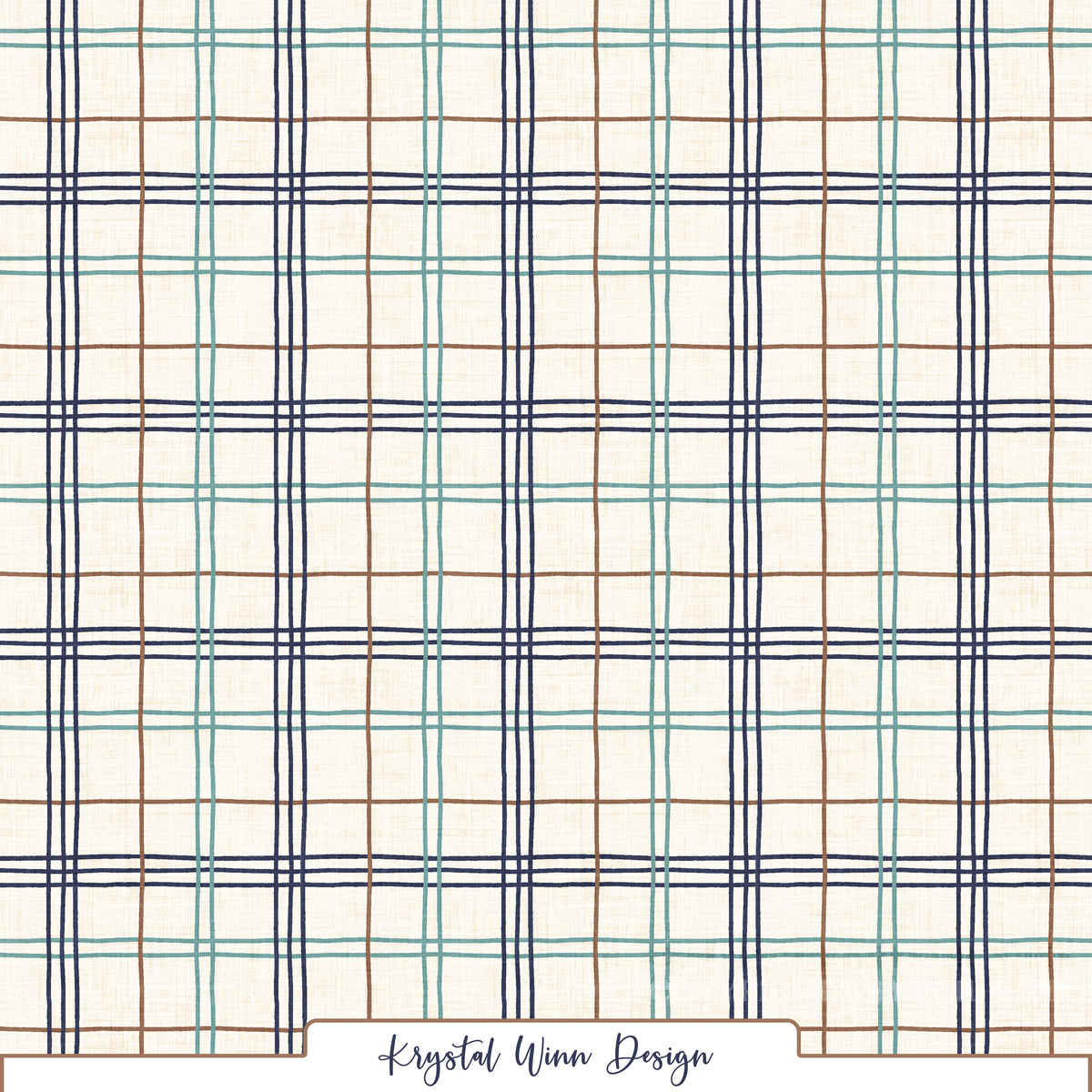A classic plaid pattern featuring intersecting lines of deep navy blue, muted teal, and warm brown against a creamy ivory background. Alternating thin and triple stripes create a timeless windowpane design, while the subtle linen texture adds a cozy, rustic feel.