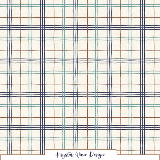 A classic plaid pattern featuring intersecting lines of deep navy blue, muted teal, and warm brown against a creamy ivory background. Alternating thin and triple stripes create a timeless windowpane design, while the subtle linen texture adds a cozy, rustic feel.