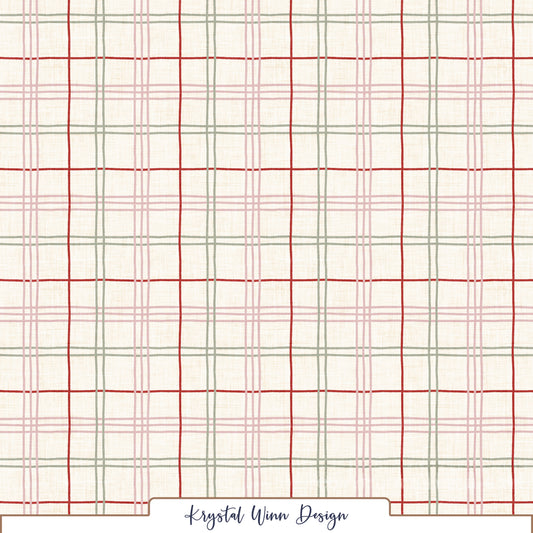 A charming plaid pattern featuring intersecting lines of soft blush pink, classic red, and muted sage green against a creamy ivory background. Alternating thin and triple stripes create a timeless windowpane design, while the subtle linen texture adds a cozy, vintage-inspired feel.