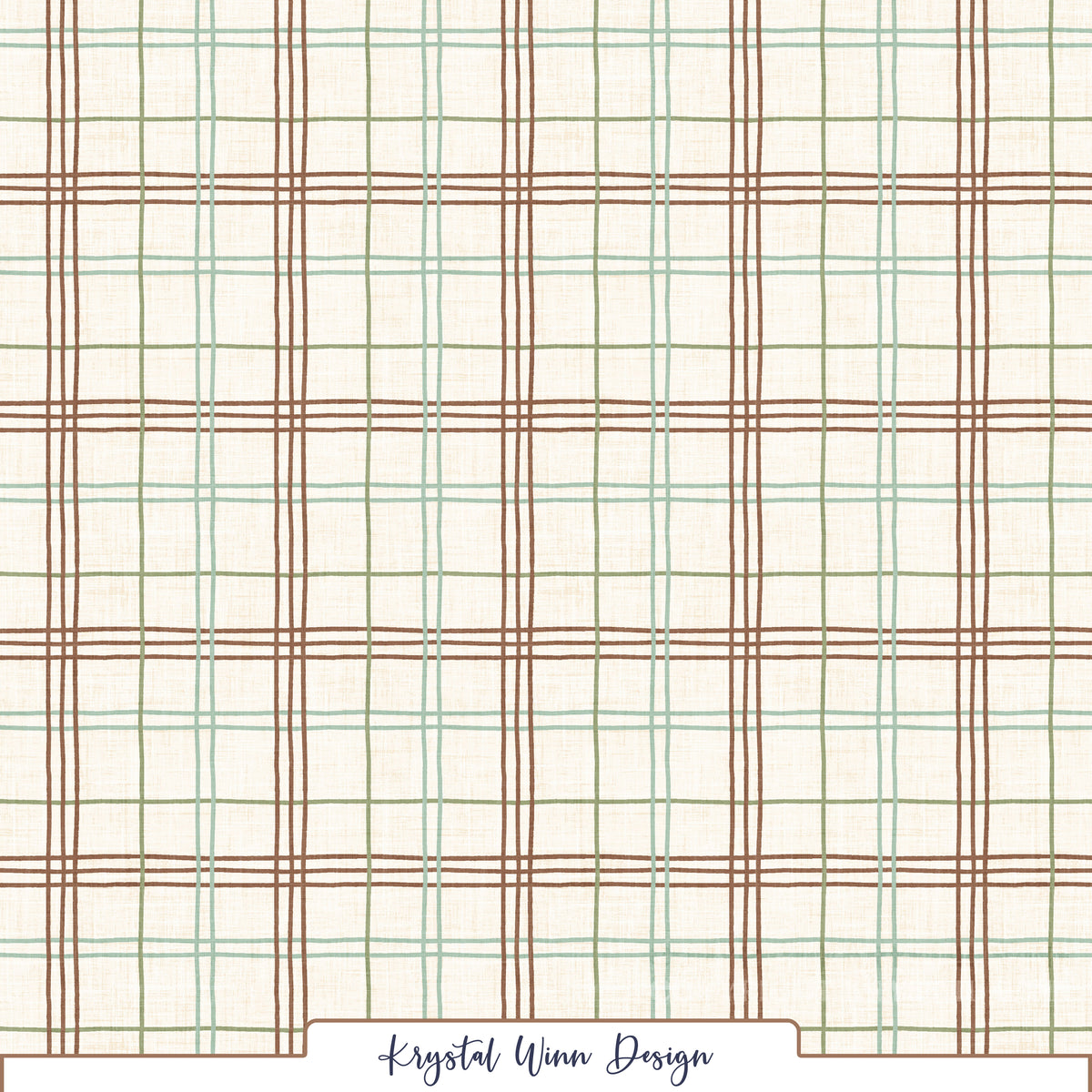 A classic plaid pattern featuring intersecting lines of warm brown, soft sage green, and muted mint against a creamy ivory background. Alternating thin and triple stripes create a timeless windowpane design, while the subtle linen texture adds a cozy, rustic feel.