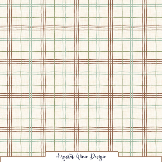 A classic plaid pattern featuring intersecting lines of warm brown, soft sage green, and muted mint against a creamy ivory background. Alternating thin and triple stripes create a timeless windowpane design, while the subtle linen texture adds a cozy, rustic feel.