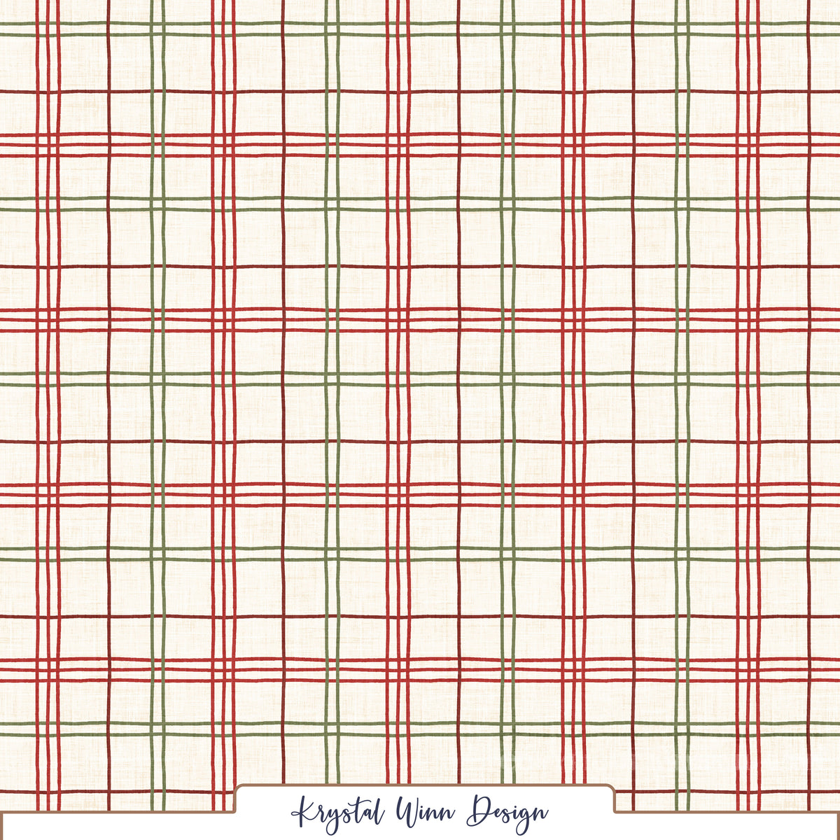 A classic holiday plaid featuring intersecting lines of rich red, deep burgundy, and muted olive green against a warm ivory background. Alternating thin and triple stripes create a timeless windowpane pattern, while the subtle linen texture adds a cozy, rustic charm perfect for winter and Christmas designs.