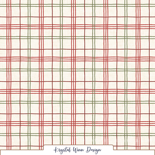 A classic holiday plaid featuring intersecting lines of rich red, deep burgundy, and muted olive green against a warm ivory background. Alternating thin and triple stripes create a timeless windowpane pattern, while the subtle linen texture adds a cozy, rustic charm perfect for winter and Christmas designs.