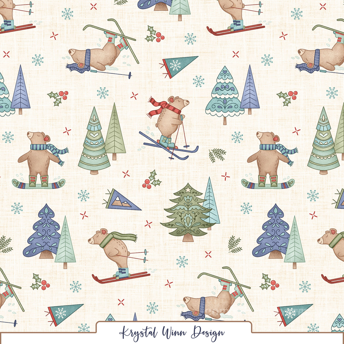 A playful winter seamless pattern featuring adorable brown bears skiing, snowboarding, and tumbling through the snow while wearing colorful scarves, hats, and winter boots in shades of navy, red, teal, and sage green. Whimsical Christmas trees in soft mint, sage, teal, and periwinkle are scattered throughout, accented by delicate aqua snowflakes, red holly berries, ski flags, and tiny winter details. Set against a warm cream background with a subtle linen texture for a cozy, vintage-inspired winter look.