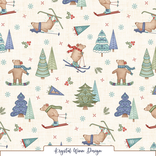 A playful winter seamless pattern featuring adorable brown bears skiing, snowboarding, and tumbling through the snow while wearing colorful scarves, hats, and winter boots in shades of navy, red, teal, and sage green. Whimsical Christmas trees in soft mint, sage, teal, and periwinkle are scattered throughout, accented by delicate aqua snowflakes, red holly berries, ski flags, and tiny winter details. Set against a warm cream background with a subtle linen texture for a cozy, vintage-inspired winter look.
