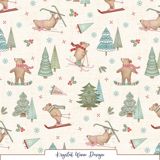 A playful winter seamless pattern featuring adorable brown bears skiing, snowboarding, and tumbling through the snow while wearing colorful scarves, hats, and winter boots in shades of pink, red, and sage green. Whimsical Christmas trees in soft mint, sage, and teal are scattered throughout, accented by delicate aqua snowflakes, red holly berries, ski flags, and tiny winter details. Set against a warm cream background with a subtle linen texture for a sweet, vintage-inspired winter look.