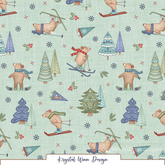 A playful winter seamless pattern featuring adorable brown bears skiing, snowboarding, and tumbling through the snow while wearing colorful scarves, hats, and winter boots. Whimsical Christmas trees in shades of sage green, teal, mint, and periwinkle are scattered throughout, accented by delicate navy snowflakes, red holly berries, ski flags, and tiny winter details. Set against a soft mint green background with a subtle linen texture for a cozy, vintage-inspired winter look.