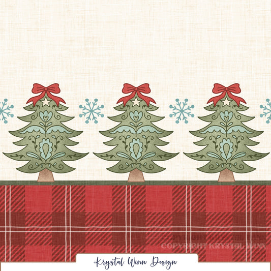 A charming Christmas border design featuring a row of sage green Christmas trees adorned with delicate folk-art details, including hearts, swirling vines, and floral accents in soft mint and teal. Each tree is topped with a cream star and a festive red bow, with teal snowflakes scattered between them. A bold red and burgundy plaid border runs along the bottom, while a warm cream background with a subtle woven linen texture completes the cozy, vintage-inspired holiday look.