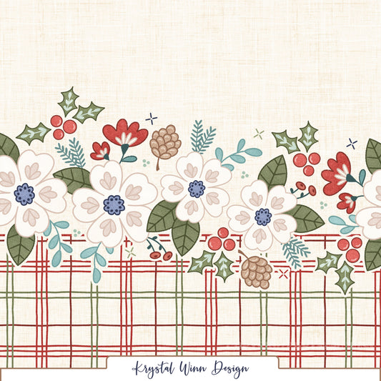 A charming winter floral border design featuring large ivory flowers with soft blush heart-shaped petal details and periwinkle blue centers. The florals are surrounded by sage green leaves, teal foliage, red blossoms, holly berries, and delicate pinecones. A classic red and green plaid border runs along the bottom, while a warm cream background with a subtle woven linen texture completes the cozy, vintage-inspired holiday look.
