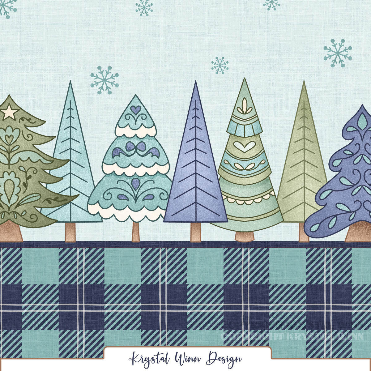 A whimsical winter border design featuring a charming row of Christmas trees in soft shades of sage green, mint, teal, and periwinkle blue. The trees showcase delicate folk-art details, including hearts, scalloped edges, swirling accents, and simple evergreen silhouettes. Scattered teal snowflakes decorate the pale icy blue, linen-textured background, while a coordinating navy and teal plaid border runs along the bottom, creating a cozy, vintage-inspired winter look.