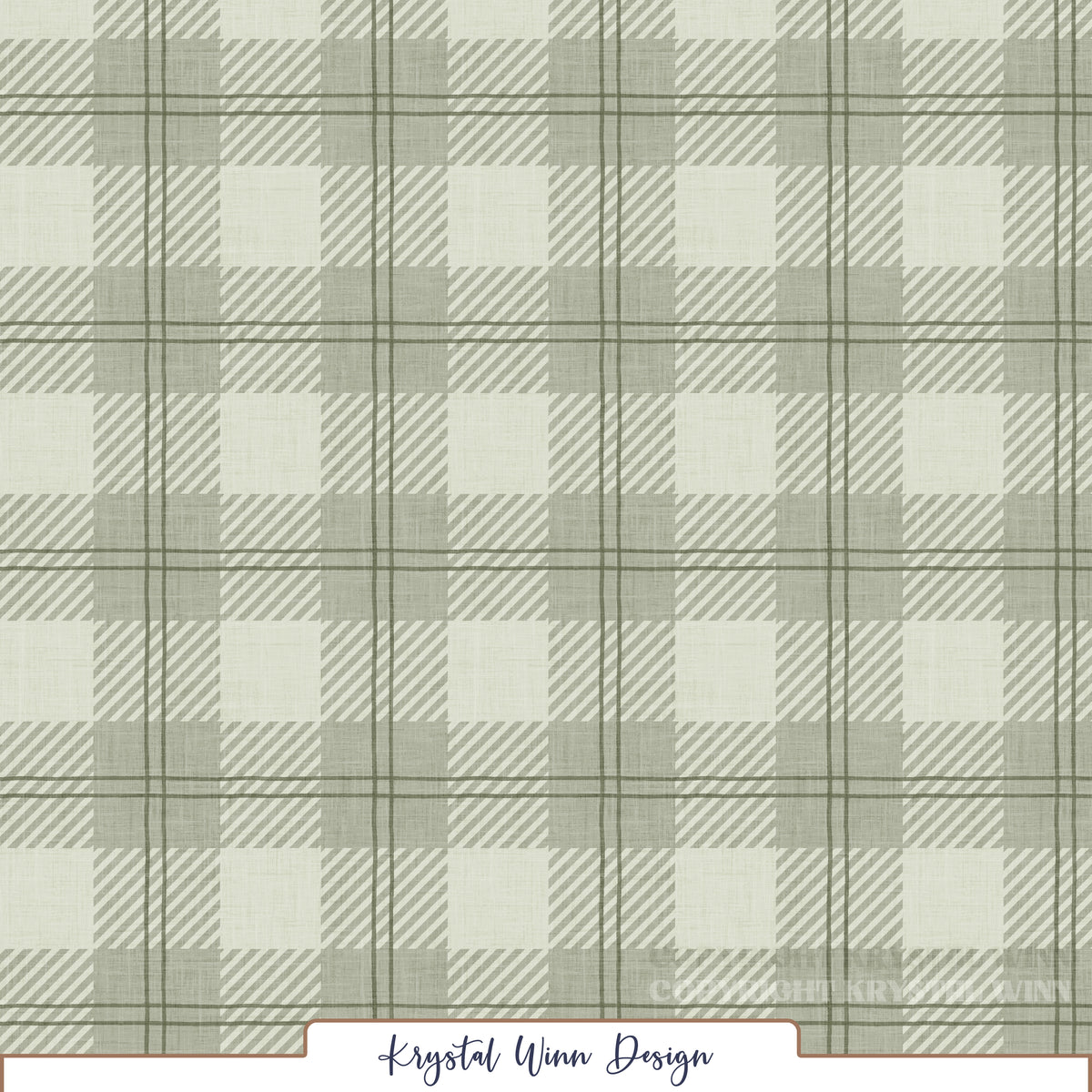 A soft sage green and ivory cabin plaid pattern featuring alternating solid and diagonally striped squares, accented by thin double olive green lines that create a classic windowpane effect. A subtle linen texture throughout adds a cozy, rustic feel to this timeless, vintage-inspired design.