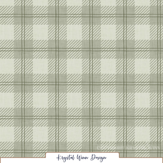 A soft sage green and ivory cabin plaid pattern featuring alternating solid and diagonally striped squares, accented by thin double olive green lines that create a classic windowpane effect. A subtle linen texture throughout adds a cozy, rustic feel to this timeless, vintage-inspired design.