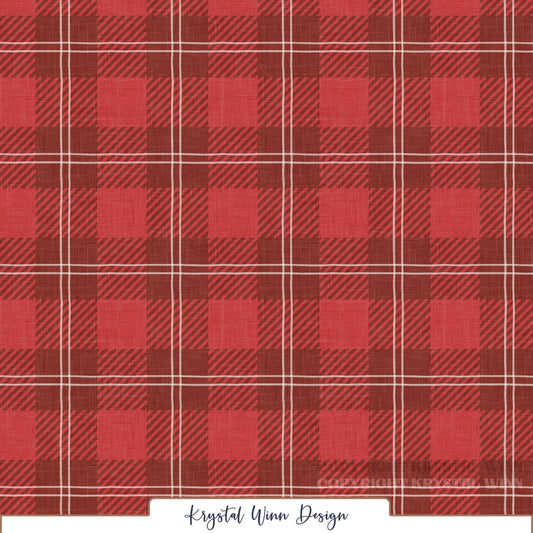 A classic red cabin plaid pattern featuring alternating bright red and deep burgundy squares, accented with diagonal stripes and thin double ivory lines creating a windowpane effect. A subtle linen texture throughout adds a cozy, rustic feel to this timeless winter-inspired design.