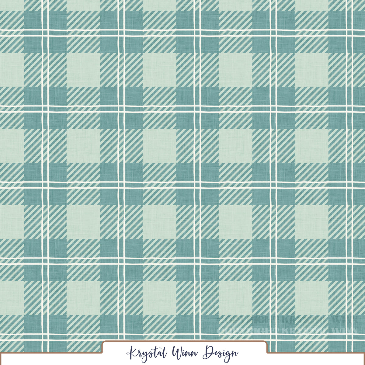 A cozy teal and mint green plaid pattern featuring alternating solid and diagonally striped squares, accented by thin, double white lines that create a classic windowpane effect. A subtle linen texture throughout adds a soft, rustic feel to this timeless cabin-inspired design.