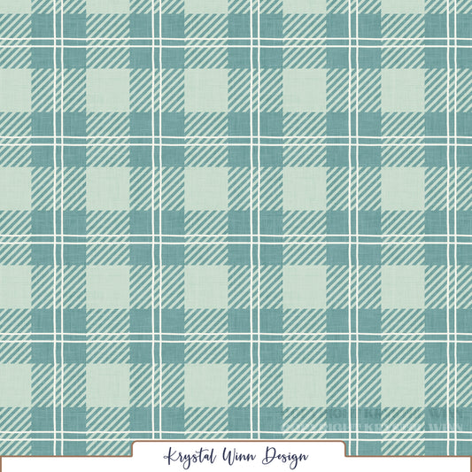 A cozy teal and mint green plaid pattern featuring alternating solid and diagonally striped squares, accented by thin, double white lines that create a classic windowpane effect. A subtle linen texture throughout adds a soft, rustic feel to this timeless cabin-inspired design.