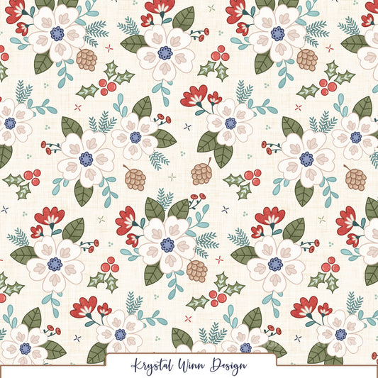 A charming winter floral seamless pattern featuring large ivory flowers with soft blush heart-shaped petal details and periwinkle blue centers. The flowers are surrounded by sage green leaves, delicate teal foliage, bright red blossoms, holly leaves and berries, and rustic pinecones. Tiny scattered accents complete the design against a warm cream background with a subtle woven linen texture, creating a cozy, vintage-inspired holiday look.