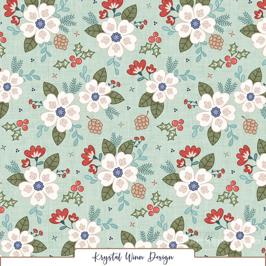 A charming winter floral seamless pattern featuring large ivory flowers with soft blush heart-shaped petal details and periwinkle blue centers. The flowers are surrounded by sage green leaves, delicate teal foliage, bright red blossoms, holly leaves and berries, and rustic pinecones. Tiny scattered accents complete the design against a soft mint green background with a subtle woven linen texture, creating a cozy, vintage-inspired holiday look.