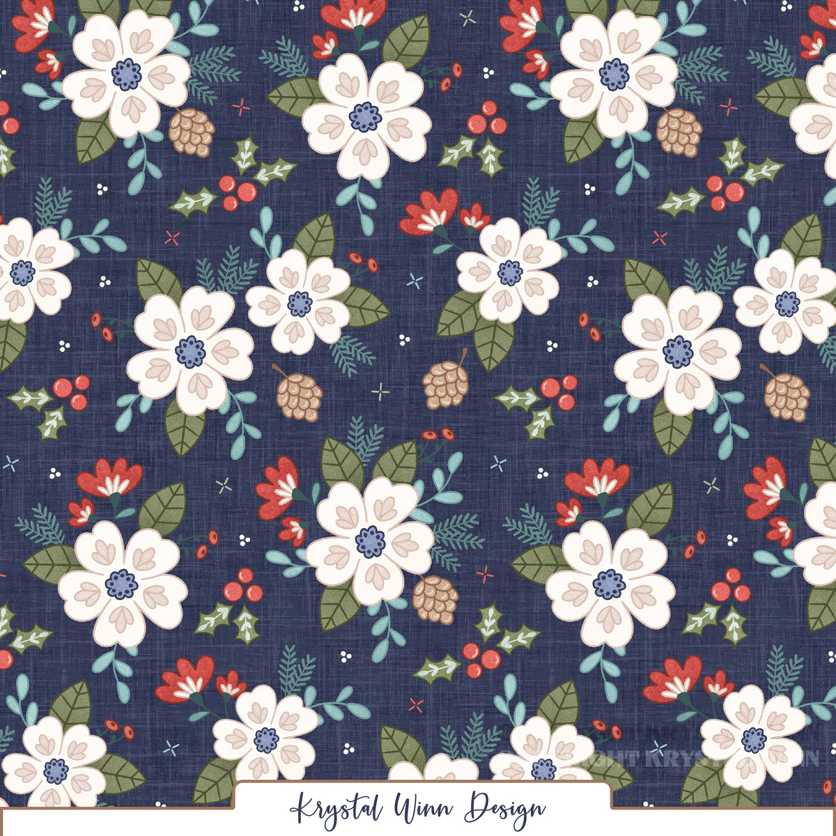 A charming winter floral seamless pattern featuring large ivory flowers with soft blush heart-shaped petal details and periwinkle blue centers. The flowers are surrounded by sage green leaves, delicate teal foliage, bright red blossoms, holly leaves and berries, and rustic pinecones. Tiny scattered accents complete the design against a deep navy blue background with a subtle woven linen texture, creating a cozy, vintage-inspired holiday look.