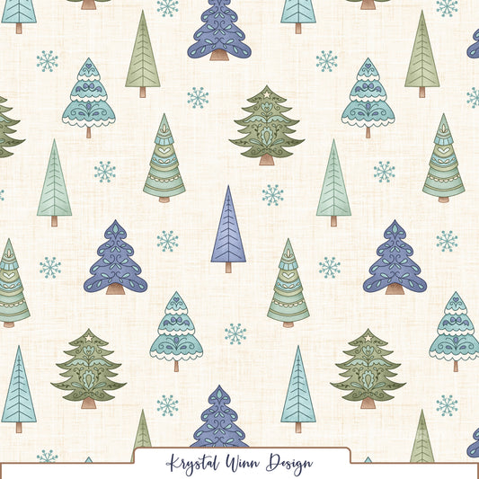 A whimsical winter seamless pattern featuring an assortment of Christmas trees in soft shades of sage green, mint, teal, and periwinkle blue. The trees feature charming folk-art details, including hearts, scalloped edges, delicate swirls, and decorative flourishes, mixed with simple evergreen silhouettes. Scattered teal snowflakes complete the design against a warm cream background with a subtle woven linen texture, creating a cozy, vintage-inspired winter look.