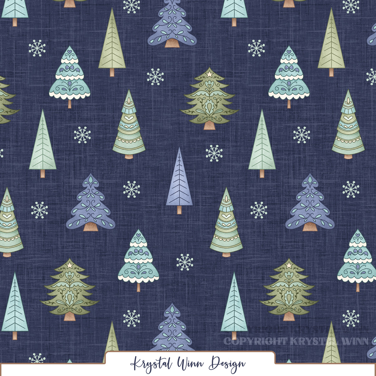 A whimsical winter seamless pattern featuring an assortment of Christmas trees in soft shades of sage green, mint, teal, and periwinkle blue. The trees feature charming folk-art details, including hearts, scalloped edges, delicate swirls, and decorative flourishes, mixed with simple evergreen silhouettes. Pale mint snowflakes are scattered throughout a deep navy blue background with a subtle woven linen texture, creating a cozy, vintage-inspired winter design.