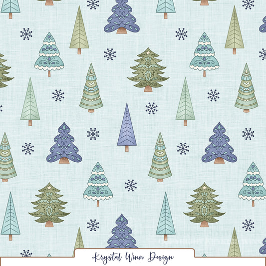 A whimsical winter seamless pattern featuring a variety of Christmas trees in soft shades of sage green, mint, teal, and periwinkle blue. The trees showcase delicate folk-art details, including hearts, scalloped edges, swirling flourishes, and decorative patterns, mixed with simple evergreen silhouettes. Small navy snowflakes are scattered throughout against a pale icy blue background with a subtle linen texture.