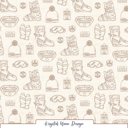 A winter-themed seamless pattern featuring detailed warm brown line drawings of ski boots, cozy mittens, pom-pom beanies, ski goggles, and waist packs. Scattered throughout are vintage-inspired ski club badges, mountain resort logos, ski patrol emblems, and lift tickets, all arranged against a creamy ivory background with a subtle linen texture for a cozy, rustic feel.
