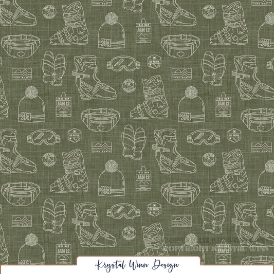 A winter-themed seamless pattern featuring detailed cream-colored line drawings of ski boots, cozy mittens, pom-pom beanies, ski goggles, and waist packs. Scattered throughout are vintage-inspired ski club badges, mountain resort logos, ski patrol emblems, and lift tickets, all arranged against a muted evergreen background with a subtle linen texture.
