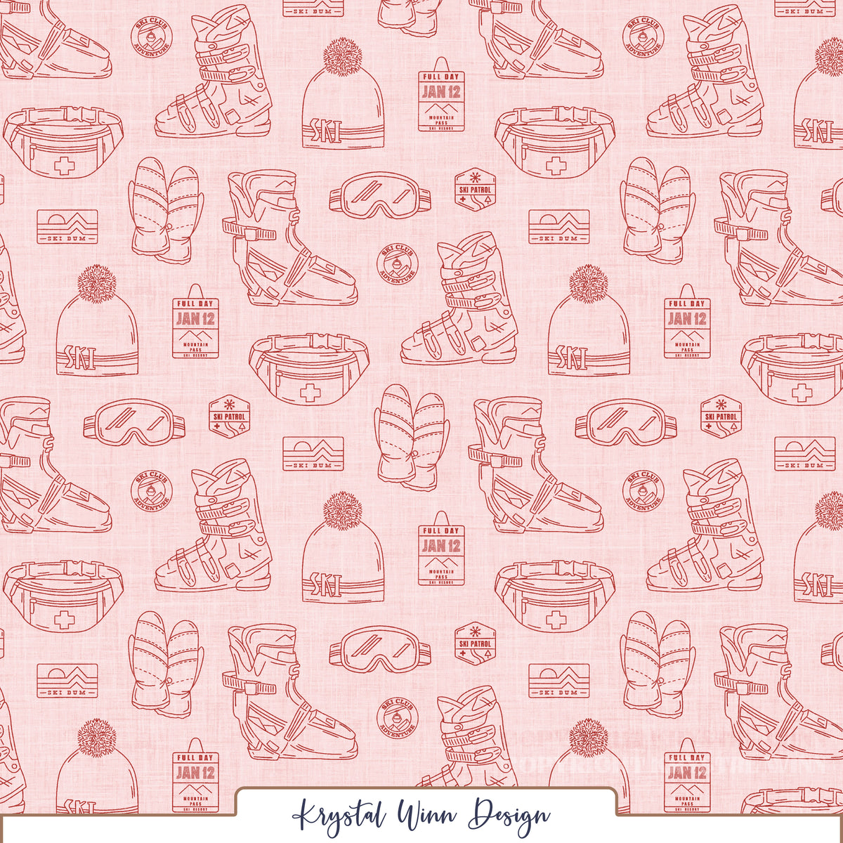 A winter-themed seamless pattern featuring detailed red line drawings of ski boots, cozy mittens, pom-pom beanies, ski goggles, and waist packs. Scattered throughout are vintage-inspired ski club badges, mountain resort logos, ski patrol emblems, and lift tickets, all arranged against a soft blush pink background with a subtle linen texture.