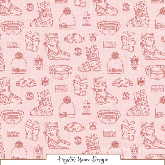 A winter-themed seamless pattern featuring detailed red line drawings of ski boots, cozy mittens, pom-pom beanies, ski goggles, and waist packs. Scattered throughout are vintage-inspired ski club badges, mountain resort logos, ski patrol emblems, and lift tickets, all arranged against a soft blush pink background with a subtle linen texture.