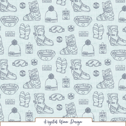 A winter-themed seamless pattern featuring detailed navy blue line drawings of ski boots, cozy mittens, pom-pom beanies, ski goggles, and waist packs. Scattered throughout are vintage-inspired ski club badges, mountain resort logos, ski patrol emblems, and lift tickets, all arranged against a soft icy blue background with a subtle linen texture.