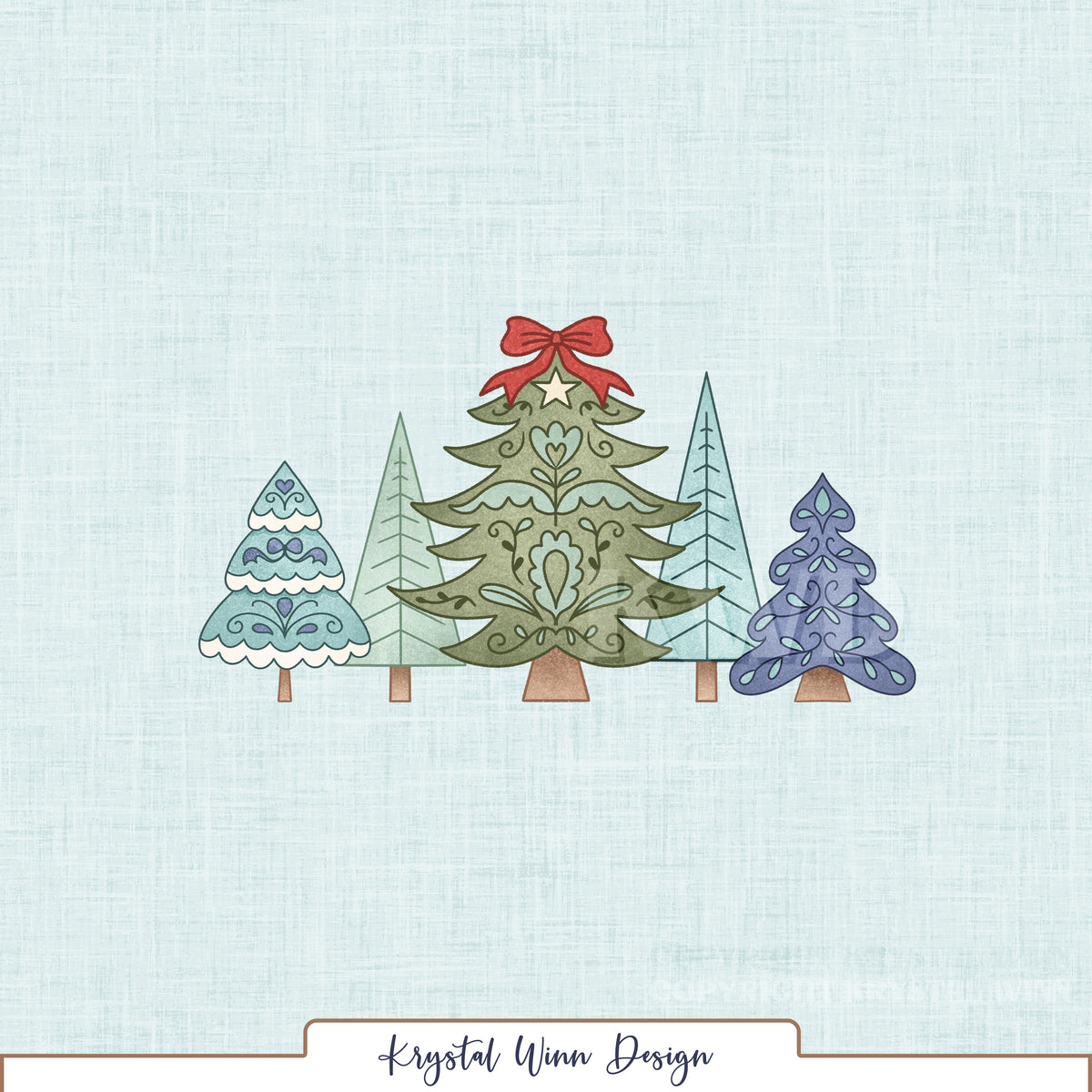 A charming Christmas tree panel featuring a collection of whimsical evergreen trees in soft sage green, mint, teal, and lavender blue. The center tree is adorned with delicate folk-art-inspired floral details, a small star, and a beautiful red bow, while the surrounding trees feature intricate swirls, hearts, and scalloped accents. A soft icy blue linen-textured background completes this cozy, vintage-inspired winter design.