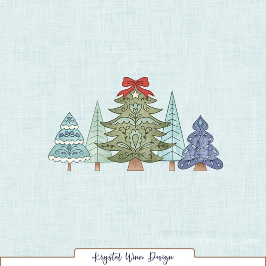 A charming Christmas tree panel featuring a collection of whimsical evergreen trees in soft sage green, mint, teal, and lavender blue. The center tree is adorned with delicate folk-art-inspired floral details, a small star, and a beautiful red bow, while the surrounding trees feature intricate swirls, hearts, and scalloped accents. A soft icy blue linen-textured background completes this cozy, vintage-inspired winter design.