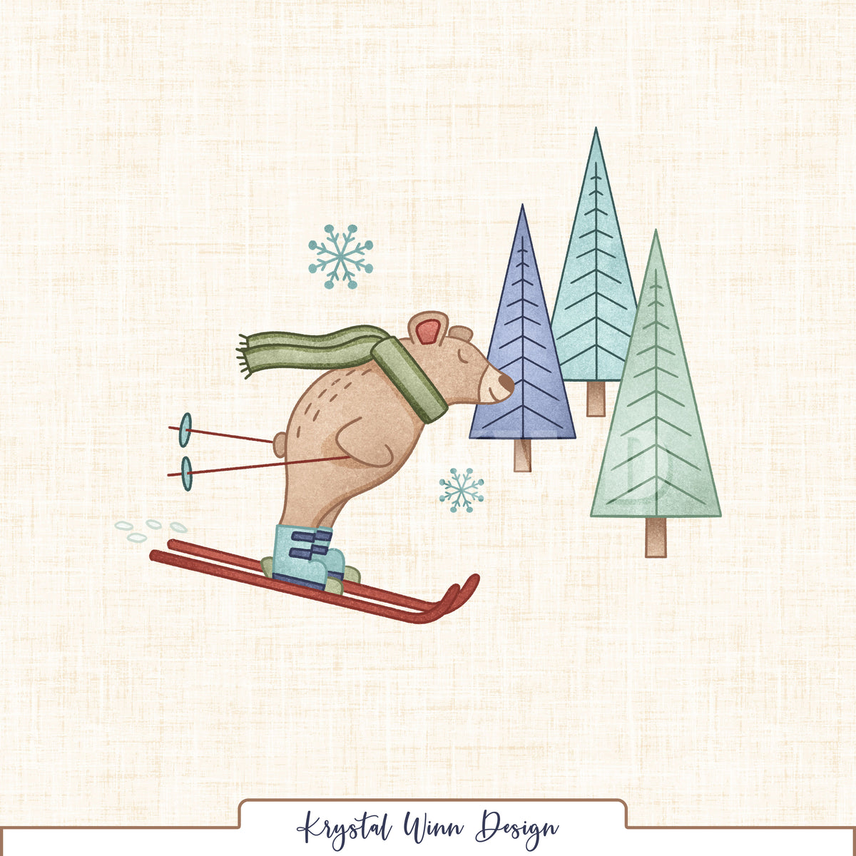A charming winter-themed panel featuring an adorable brown bear skiing through a snowy forest, wearing a cozy red striped scarf and mint green ski boots. The bear glides along navy blue skis surrounded by whimsical evergreen trees in sage green, periwinkle, and soft aqua, with delicate teal snowflakes overhead. A warm ivory linen-textured background completes the sweet, vintage-inspired winter design.
