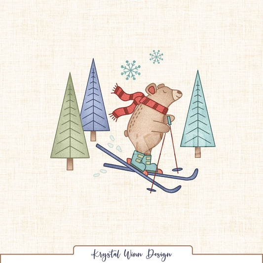 A charming winter-themed panel featuring an adorable brown bear skiing through a snowy forest, wearing a cozy red striped scarf and mint green ski boots. The bear glides along navy blue skis surrounded by whimsical evergreen trees in sage green, periwinkle, and soft aqua, with delicate teal snowflakes overhead. A warm ivory linen-textured background completes the sweet, vintage-inspired winter design.