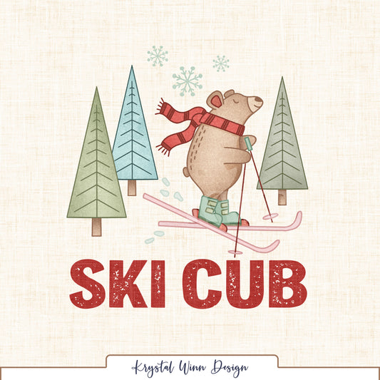 A playful winter-themed panel featuring an adorable brown bear skiing in a cozy red striped scarf, mint green ski boots, and pink skis. Surrounded by whimsical evergreen trees in sage and icy blue, along with delicate mint snowflakes, the illustration sits above the bold, distressed phrase “SKI CUB” in festive red lettering. A warm ivory linen-textured background gives the design a sweet, vintage-inspired winter feel.
