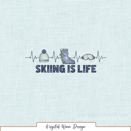 A sporty winter-themed panel featuring the bold phrase “SKIING IS LIFE” in distressed navy lettering. A heartbeat line runs through a cozy mint green pom-pom beanie, blue and green ski boot, and matching ski goggles, all set against a soft icy blue linen-textured background. The vintage-inspired design captures the fun and excitement of ski season.