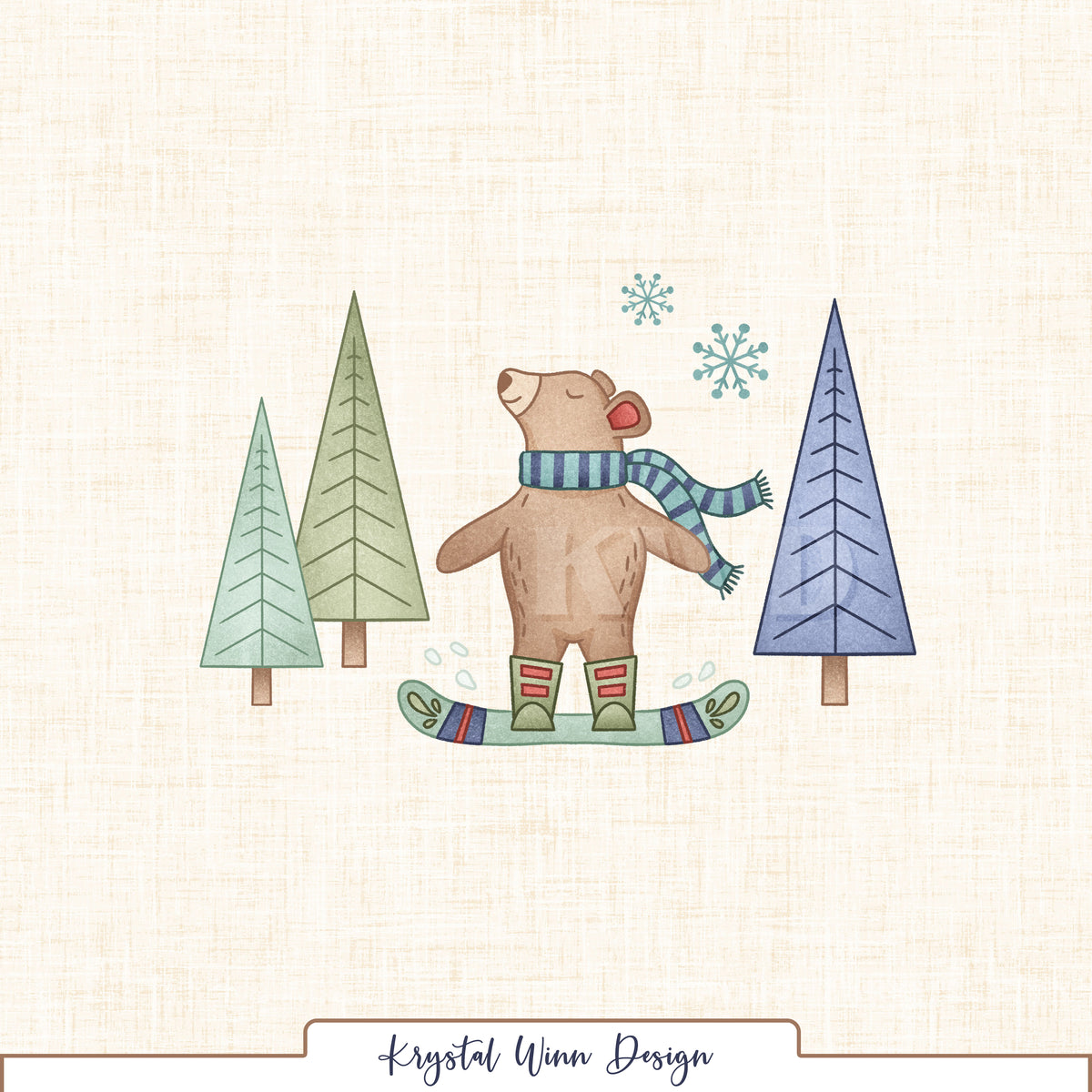 A charming winter-themed panel featuring an adorable brown bear snowboarding in a cozy blue and mint striped scarf and green snow boots with red accents. Surrounded by whimsical evergreen trees in soft mint, sage, and blue, along with delicate teal snowflakes, the playful illustration sits against a warm ivory linen-textured background for a sweet, vintage-inspired winter feel.