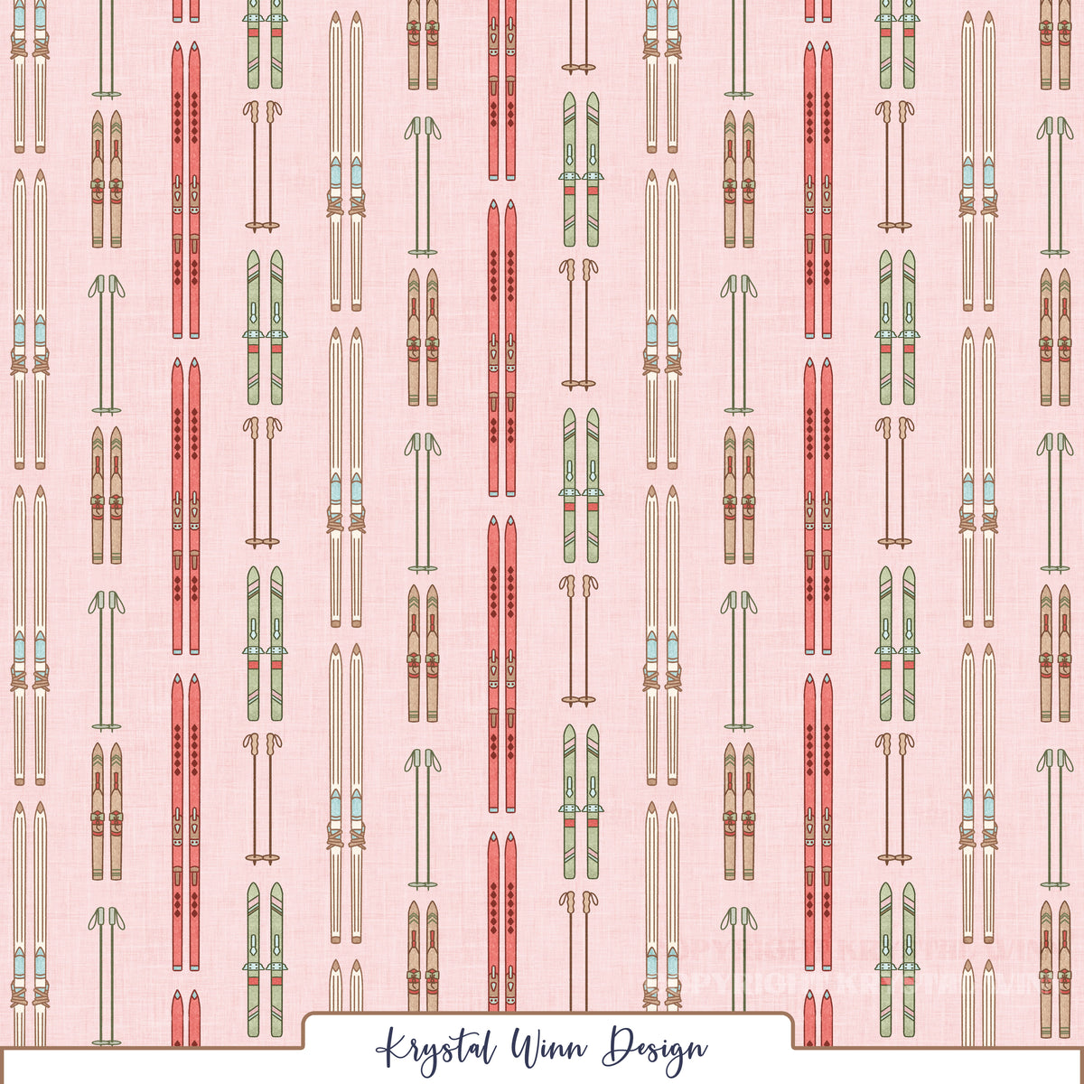 A charming, vintage-inspired ski pattern featuring vertically arranged pairs of skis and coordinating ski poles in shades of coral pink, soft sage green, warm tan, and pale aqua blue. Each pair of skis showcases delicate geometric accents, colorful bindings, and retro detailing, all set against a soft blush pink background with a subtle linen-inspired texture for a playful, nostalgic winter feel.